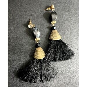 Rhinestone Dangle Tassel Earrings Black Gold Tone Fashion Statement Large Womens